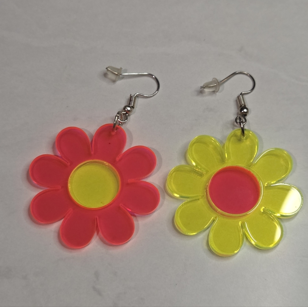 Floral Acrylic Earrings in Neon Pink and Yellow